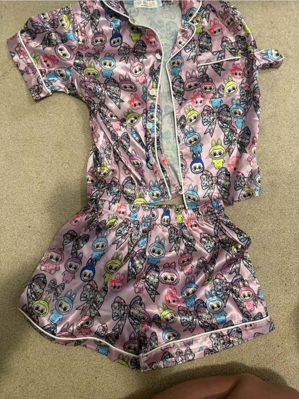 Tweenstyle Pink Satin Kids Pajama Set with Colorful Character Print